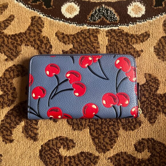 COACH Blue Medium Zip Around Wallet With Cherry Print - Picture 3 of 3
